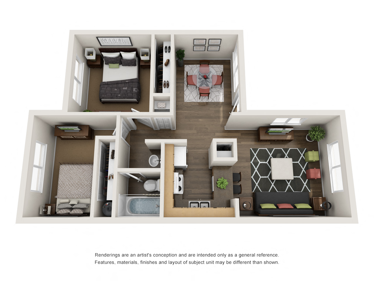 Floor plan for 2 beds, 1 bath, 750 sqft